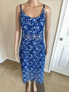 NWT bebe Blue Floral Lace-Trim Midi Slip Dress Size Large